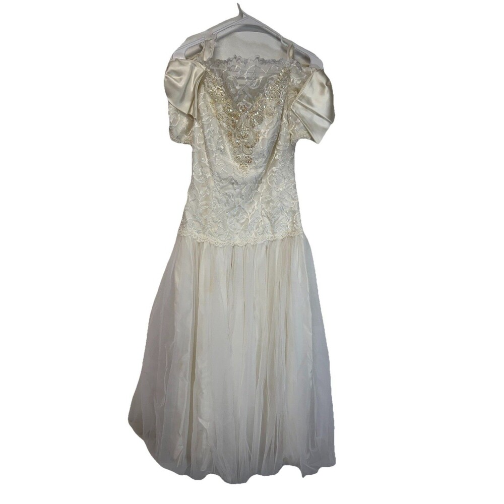 Alfred Angelo  Y2K VTG 80s 90s White Satin Short Sleeve Wedding Dress V Neck S